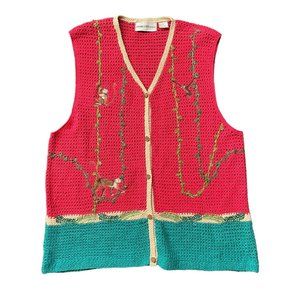 Sharon Young Kitschy Unique Funky Knit Sweater Vest With Embroidered Monkeys L